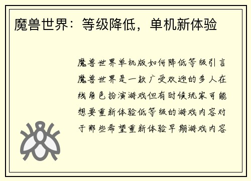 魔兽世界：等级降低，单机新体验